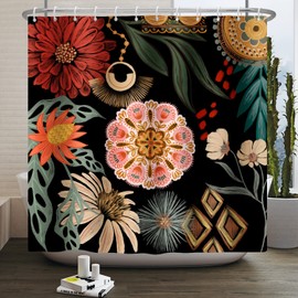 Bohemian Dahlia Floral Shower Curtain Mid Century Modern Boho Shower Curtain Sets Green Leaves Boho Flower Vintage Aesthetic Waterproof Fabric Shower Curtain Set 72x72 Inch with Hooks