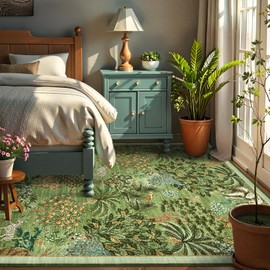 GarveeHome Jungle Animal Print Rug 5x7 Washable Area Rugs for Living Room, Forest Rug Non Slip Low Pile Stain Resistance Large Throw Carpet for Bedroom Dining Room Kids Playroom Nursery, Green