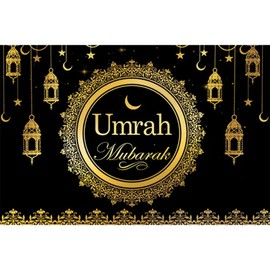 Umrah Mubarak Backdrop 150cm x 100cm – Black with Gold Accents | Islamic Party Decoration for Celebrations, Umrah Mubarak Decorations, Muslim Events, Eid, Ramadan, Photo Booths & Special Occasions