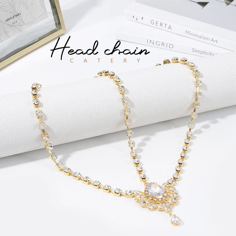 Reaky Rhinestone Head Chain Gold Tone Crystal Headpiece Headpiece for