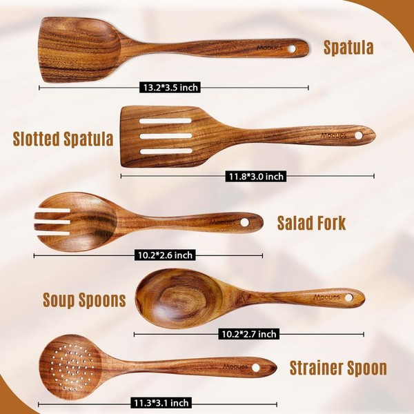 Mooues Natural Teak Wooden Kitchen Utensil Set with Spoon Rest