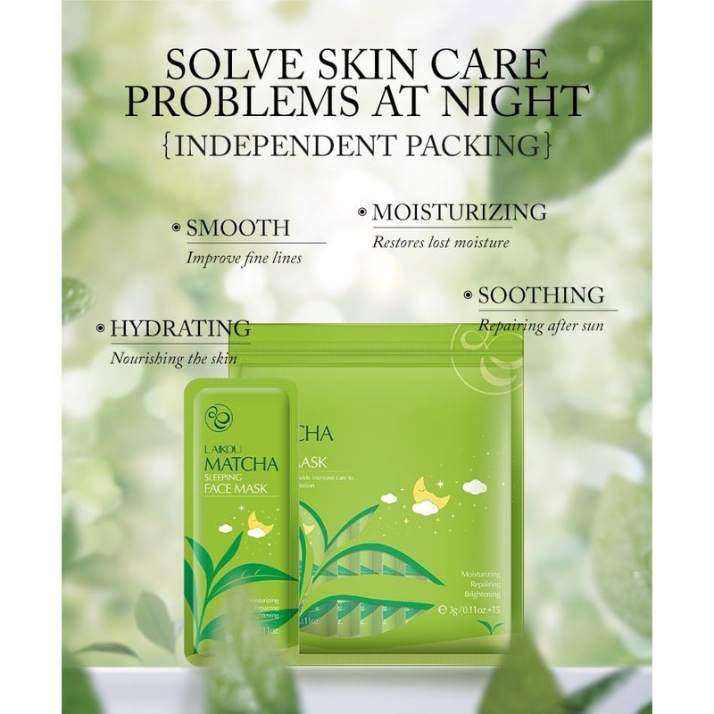 Matcha Tea Sleeping Face Mask Cream, 15 Pack x 3g,