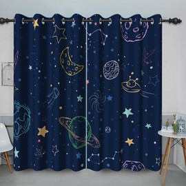 Baocicco Kids Cartoon Space Blackout Window Curtain Moon Stars Planets Printed Darkening Drapes with Rustproof Grommets Outer for Bedroom Living Room 2 Panels 46Wx72H Inch Navy Blue-1