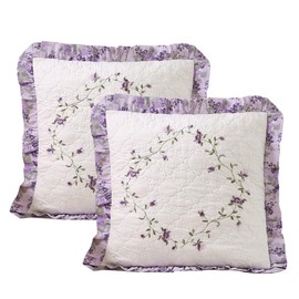 vctops Set of 2 Cotton Quilted Embroidered Decorative Square Throw Pillow Covers with Ruffles Floral Soft Cushion Case for Couch Sofa Bed (Flower C,18"x18")