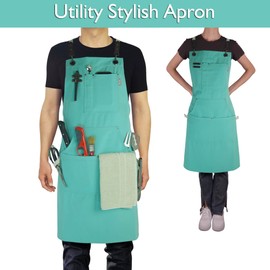 Stenffy Handmade Work Apron,Cotton Canvas,Multiple Pockets,Adjustable Cross Back Weight Apron,BBQ,Cafe,Kitchen,Painting,Carpenter,Artist Apron,Aprons for Men,Women,Sizes M to XXL,Ice Blue