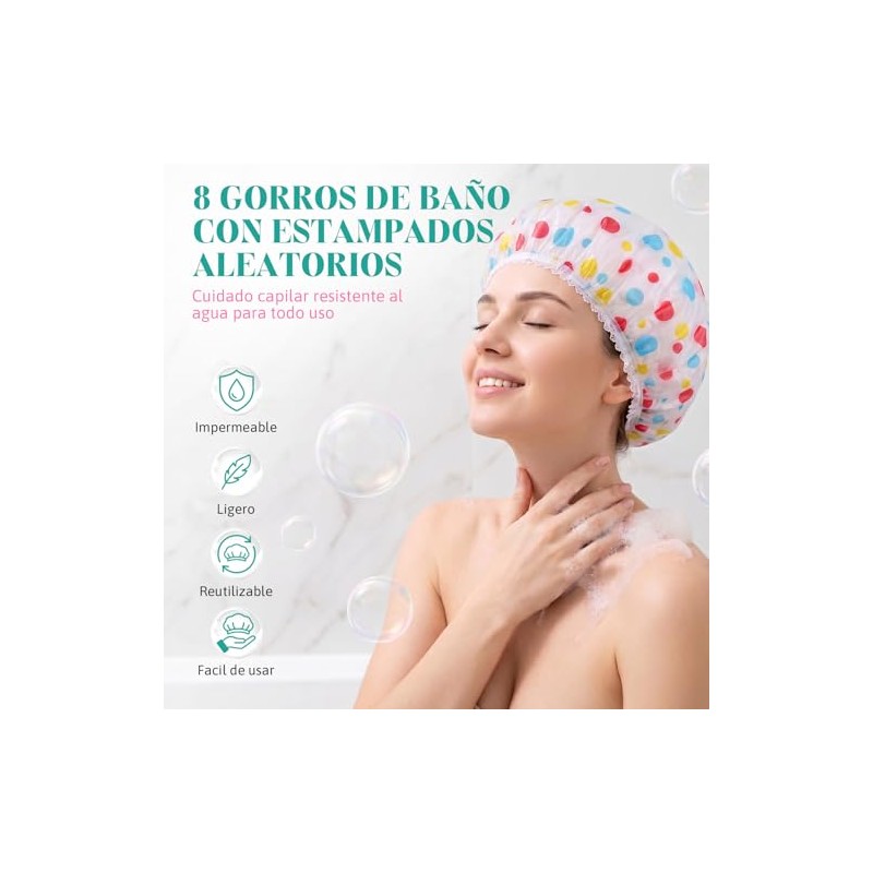 8pcs Gorro Ducha Impermeable Elástico Reutilizable Ajustables Cabello Largo Corto
