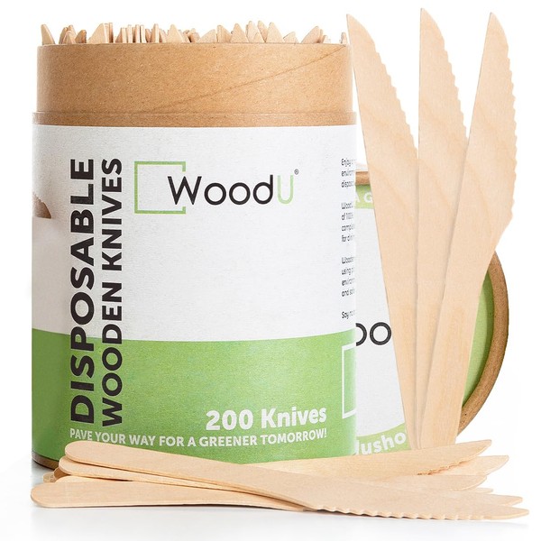 WoodU Disposable Wooden Knives 100% All-Natural, Eco-Friendly, Biodegradable, and Compostable - Pack of 200-6.5" Knife