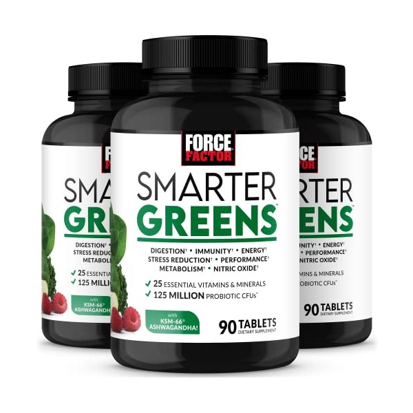 Force Factor Smarter Greens Tablets, 3-Pack, Greens Supplement with 25+ Superfoods and Antioxidants to Improve Digestion, Reduce Stress, Strengthen Immunity, and Support Metabolism, 270 Tablets