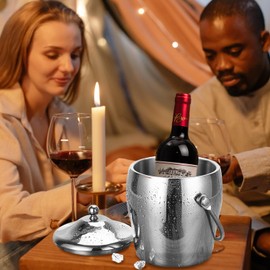 Ice Bucket Champagne Bucket with Tongs Scoop Lid, Double Wall Wine Bar Freezer Ice Bucket with Stand & Carrying Handle, Stainless Steel Mirror Bucket Champagne Bucket for Parties Bar Home,2L(Silver)