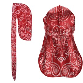 WIRESTER Fashion Satin Silky Durag with Long Wide Tail, Comfort Du Rag 360 Wave for Men Women - Red Paisley