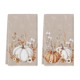 Artoid Mode Grey Pumpkin Fall Kitchen Towels Dish Towels, 18x26 Inch Farmhouse Flowers Wildflower Decoration Hand Towels Set of 2