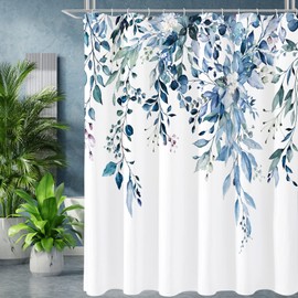 Gibelle Blue Eucalyptus Shower Curtain, Watercolor Plant Leaves with Floral Bathroom Shower Curtain Set, 72x72