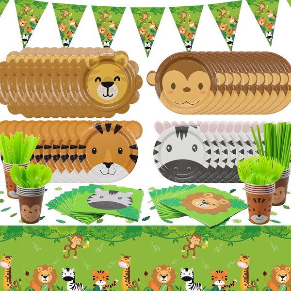 162 Pcs Jungle Party Supplies- Include Animal Shape Plates, Jungle Tablecloth, Safari Flag, Napkins, Cups, Forks, Knives, and Spoons, Safari Theme Party Supplies for Kids Birthday, Baby Shower, Serves 20 Guests