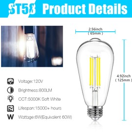 DAYBETTER Vintage LED Edison Bulbs, E26 Led Bulb 60W Equivalent, Dimmable Led Light Bulbs, High Brightness 6W 800 LM Daylight White 5000K, ST58 Antique LED Filament Bulbs, Clear Glass, 12 Pack