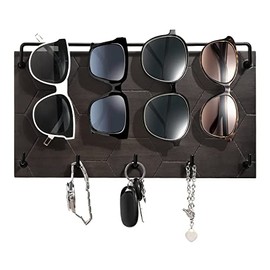 Emibele Sunglass Organizer Wall Key Holder, Decorative Wood Wall Jewelry Organizer Glasses and Sunglass Holder Display with 5 Hooks Key Rack Hanging Eyeglass Storage for Entryway Living Room, Grey