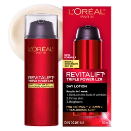 L’Oréal Paris SPF 30 Moisturizer Lotion with Pro-Retinol, Vitamin C + Hyaluronic Acid, Reduces Look of Wrinkles, Firms Skin, Smoother Texture, Revitalift Triple Power LZR, SPF Face Moisturizer, Skincare, 50mL
