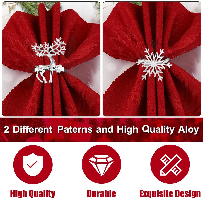 Pack of 12 Napkin Rings Christmas, 6 Pieces Snow Flake