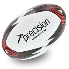 Precision Momentum Rugby Training Ball, Premium Rubber, Hand-Stitched, All-Weather Grip, Extra Strong, Ideal for Clubs and Schools, White|Black|Red, Size 4