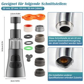 Swivel Tap Attachment with 360° Rotation Function and Limescale Filter, 3 Adjustable Spout Modes, Brass Connection & Extension for Kitchen/Bathroom (Grey)