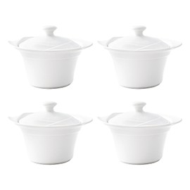 Vikko Soup Crocks With Lids, Tall 8.5 Ounce White Soup Bowl with Cover, Set of 4 Soup Dishes, Dishwasher Safe, Sturdy Design