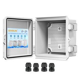 GEVEELIFE Waterproof Junction Box ABS Plastic, Outdoor Electrical Box IP67 Hinged Cover Project Box with Mounting Plate Wall Brackets and 2 Cable Glands, Grey Electrical Enclosure 4.9"x4.9"x3.3"