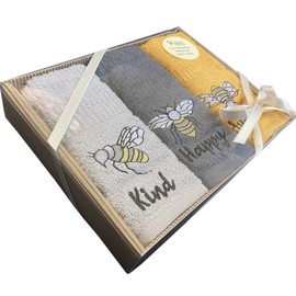 Riggs Three Pack Bee Kitchen Tea Towels Silver Grey, Charcoal Grey and Ochre Yellow Gift Box