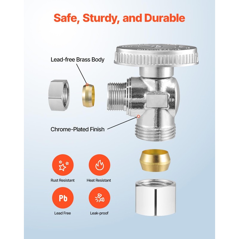 VEVOR 10-Pack Angle Stop Valve, 1/4 Turn Water Shut Off