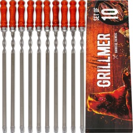 Grillmer Premium BBQ Skewers with Wooden Handles 23.6" Shish Kabob Skewers Stainless S...