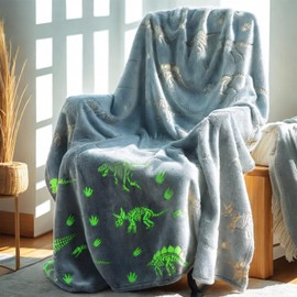 Glow in The Dark Dinosaur Blanket for Kids, Soft & Cozy Throw, Cute Dino Room Decor & Gifts for Boys & Girls, Gray – 50"x60"