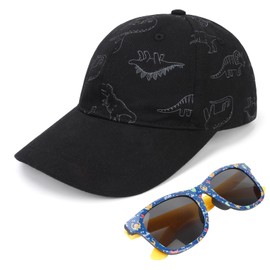 QKURT Dinosaur Baseball Cap and Sunglasses Set for Boys and Girls, Summer Sun Hat Trucker Cap, UV Protection Sunglasses Beach Wear for Kids 4-8 Years Old Black