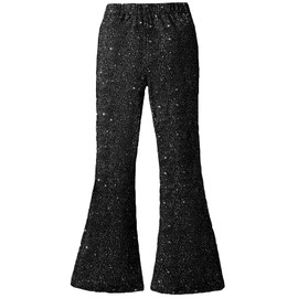 WDIRARA Girl's Glitter Elastic Waist Flare Bell Bottom Party Stretch Pants Black 9 Years