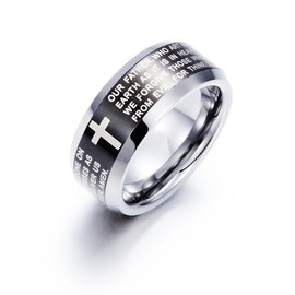 Fashion Month Mens 8mm Black Silver Tungsten Carbide Ring English Bible The Lords Prayer Cross Two-Tone Band for Him Size 8