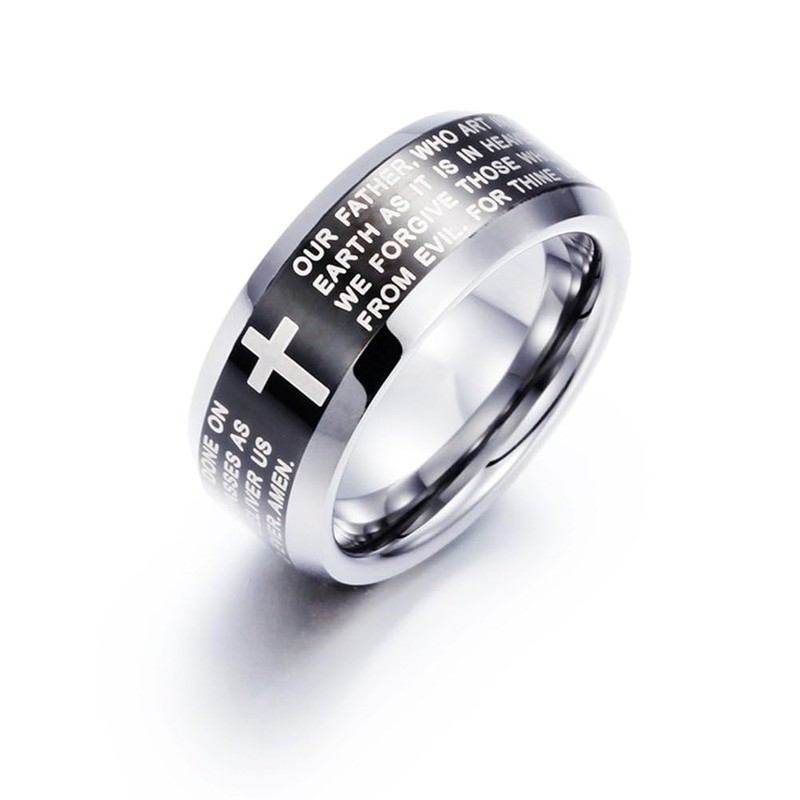 Fashion Month Mens 8mm Black Silver Tungsten Carbide Ring English
