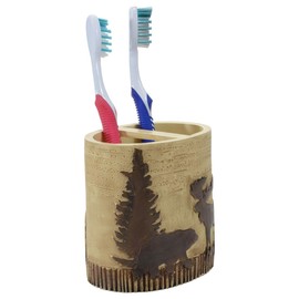 Black Forest Décor - Woodland Moose & Bear Toothbrush Holder - Aged Rustic Bathroom Décor for Cozy Cabin Style - 4.5" x 4.25" x 3"