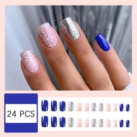 Christmas Press on Nails Snowflake Short Square Fake Nails with Glitters Pink and White Snowflake Stick on Nails Artificial Acrylic Nails for Women Girls Winter Christmas Manicure Decoration 24pcs