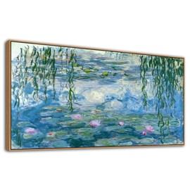Water Lilies Framed Wall Art - Claude Monet Floral Painting Masterpiece Reproduction Abstract Canvas Pictures Prints Artworks Large Wall Art Decor Aesthetic for Bedroom Bathroom House Office 20" X 40"