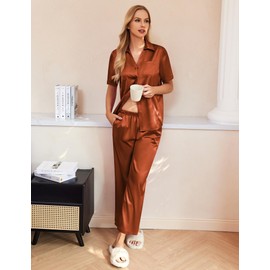 Ekouaer Silk Pajamas for Womens Set 2 Piece Satin Pjs Soft Button Down Sleepwear Wide Leg Long Pants with Pockets Caramel