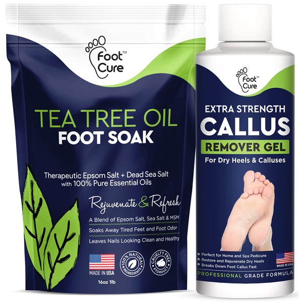 Tea Tree Foot Soak & Callus Remover Gel Kit - Extra Strength Callus Remover Gel & Foot Soak With Epsom Salts For Calluses, Dry Cracked Heels, Toenail - Pedicure for Tired Feet