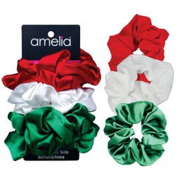 Amelia Beauty, Red, White and Green Mix Imitation Silk Scrunchies, 4.5in Diameter, Gentle on Hair, Strong Hold, No Snag, No Dents or Creases. 6 Pack
