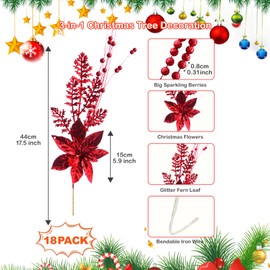 Artificial Glitter Berry Stem Ornaments, 18 Pack 17.5 Inch Red Fake Christmas Picks Decorations with Poinsettia Christmas Flowers,Twigs Bead Sticks for Christmas Tree Wedding Small Vase Wreath Decor