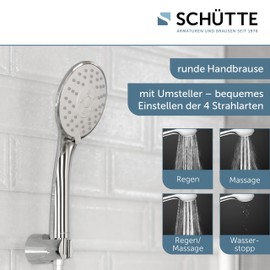SCHÜTTE Napoli Hand Shower, Velvet Jet Technology, Shower Head with Anti-Limescale Nubs, 3 Adjustable Jet Types and Water Stop Function, Anti-limescale Shower Head, Chrome