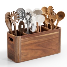 ZUJJAFY Utensil Holder, Acacia Wood Kitchen Utensil Holder for Counter with 4 Compartments, Extra Large Wooden Kitchen Utensils Organizer for Countertop Cooking Spatula Storage