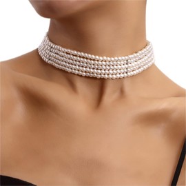 YienDoo Bridal Pearl Choker Necklace Chain Multi-Row Pearl Strands Necklace Baroque Statement Pearl Necklace White Imitation Pearl Bridal Beaded Choker Wedding Prom Necklace Jewelry for Women Girls
