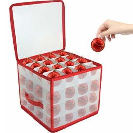 Christmas Ornament Storage Box, 4 Tier Christmas Storage Box with Lid，64 Ornament Box With Zippers and Dividers, Non-Woven & Tear- Proof Christmas Ornament Storage Containers - Red