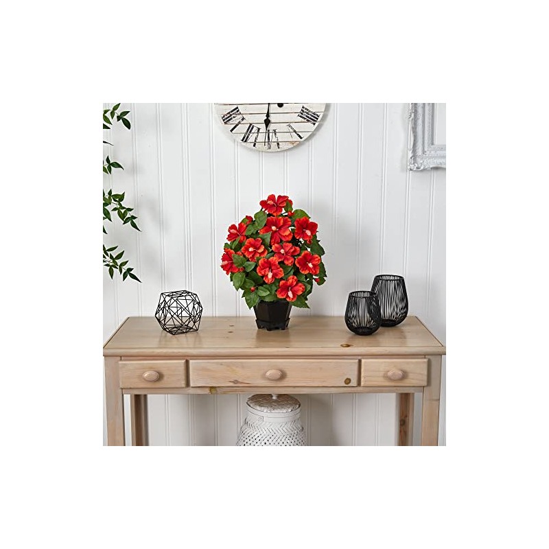 Nearly Natural Hibiscus with Black Hexagon Vase Silk Plant