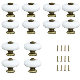 AUXBC 12Pcs 1.3" Ceramic Round Knobs, Antique Brass and Ceramic Cabinet Knobs, White Furniture Knobs, Single Hole Drawer Handle Pulls for Drawer Closet Dresser Cupboard Wardrobe Door Kitchen
