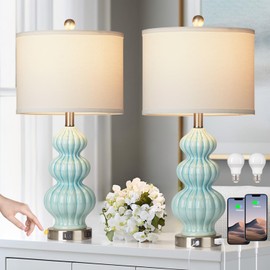 Ceramic Table Lamps Set of 2, Green Modern Bedside 26" Nightstand Lamp 3-Way Dimmable Lamp for Bedroom Living Room Contemporary, Side Table Lamp, Bulbs Included