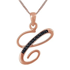 AFFY Round Cut Black Natural Diamond Initial C Pendant Necklace in 14k Rose Gold Over Sterling Silver