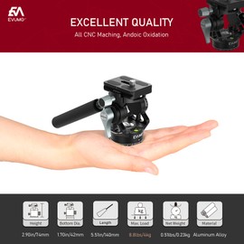 EVUMO H3 Mini Video Tilt Tripod Head, 360° Panoramic Compact Lightweight Camera Video Head for Tripod DSLR Camcorder Telescope, with Quick Release Plates & Detachable Handle, Max Load 8.8lbs/4.0kg