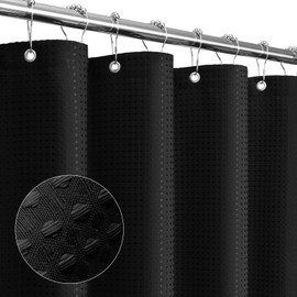 Gibelle Long Shower Curtain 72 x 78, Tall Waffle Weave Textured Fabric Shower Curtain for Bathroom, Water Repellent, Machine Washable, Black